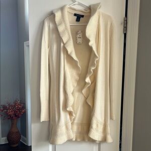 White House Black Market Cream Ruffled Cardigan Sweater